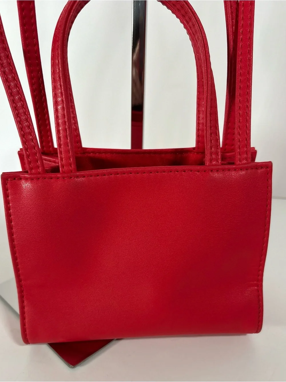 Telfar Red Vegan Leather Small Shopping Bag with Embossed Logo - Picture 3 of 10
